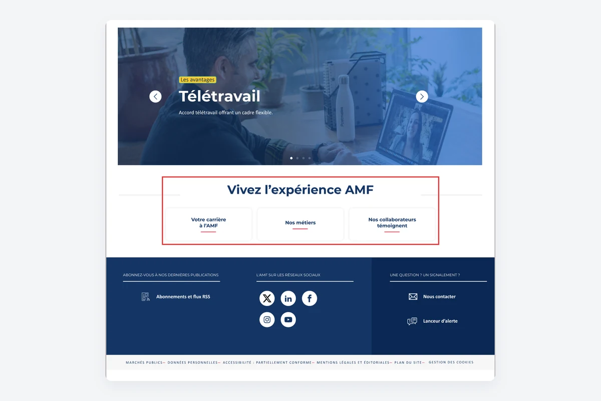 Nouvelle fin de la page Recrutement : un bloc Vivez l’expérience AMF avec trois liens, Votre carrière à l’AMF, Nos métiers et Nos collaborateurs témoignent
