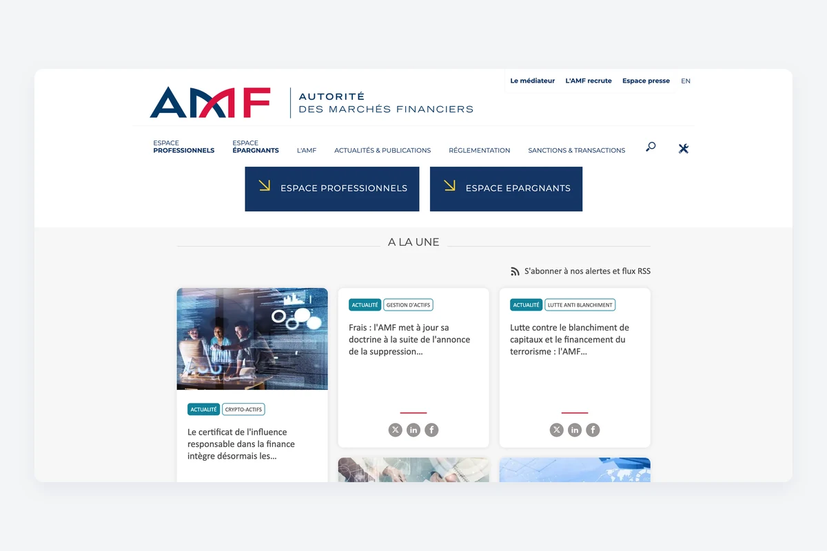 Ancienne page d’accueil de l’AMF : les liens Espace professionnels et Espace épargnants apparaissent deux fois, dans le menu et en gros boutons