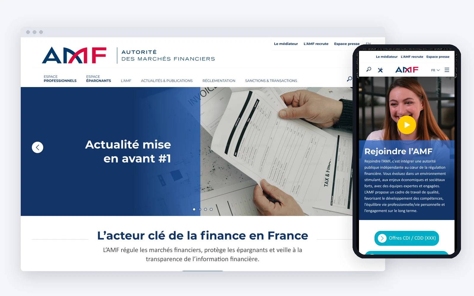 Maquettes Figma de la page d’accueil du site de l’AMF sur ordinateur et de la page Recrutement sur mobile