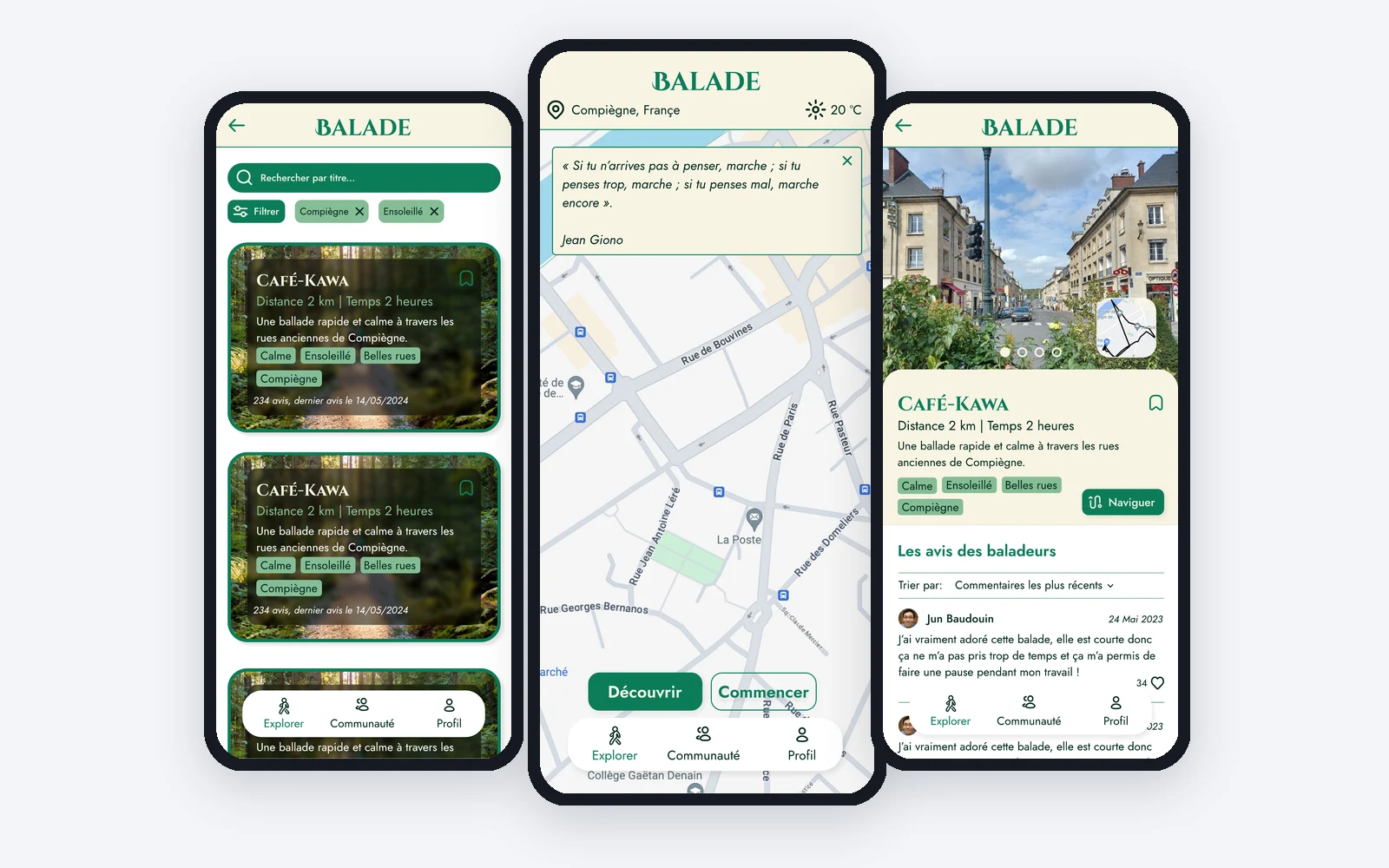 Trois écrans de l’application Balade : suggestions de balades, carte d’accueil et détail d’une balade